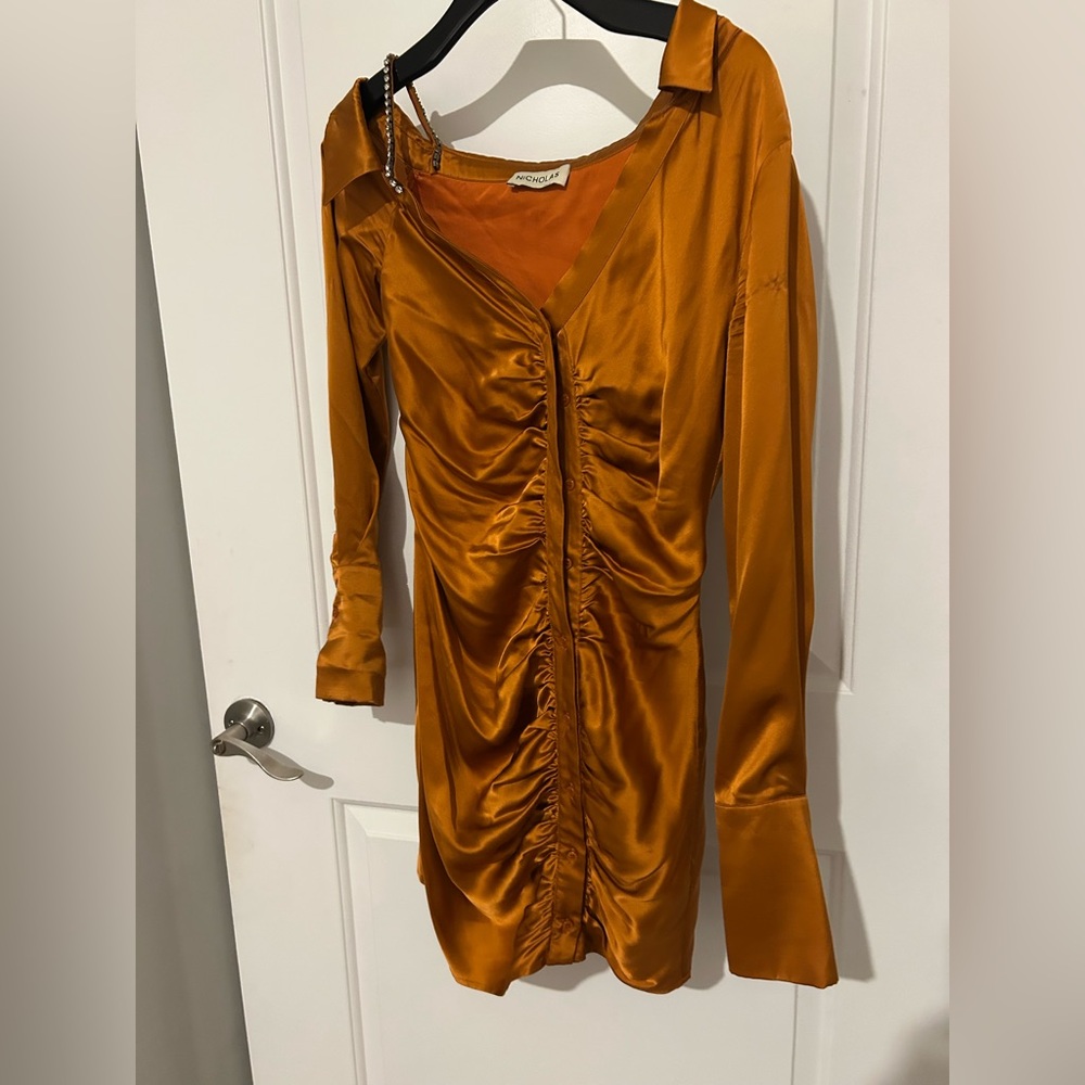 NICHOLAS Asymmetrical Satin Dress in Rich Orange